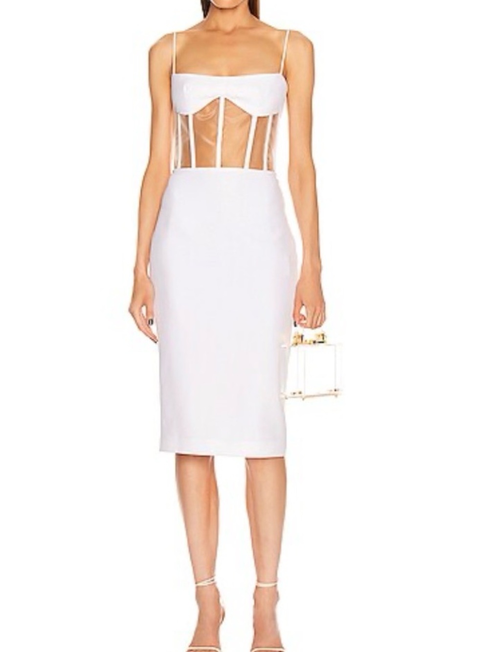 Rasario White Sheer-Panel Bodycon Midi Dress